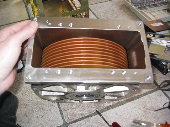 Heads removed, we see 9 platters, good for 800MB.